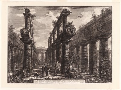 Ansicht der Überreste der zwei Säulenreihen im Tempel des Neptun, die ursprünglich die Kolonnaden entlang der Seiten der Cella bildeten und den obersten Teil des Daches stützten, aus Verschiedene Ansichten von Paestum von Giovanni Battista Piranesi