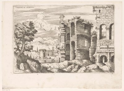 Ansicht des Kolosseums und Umgebung in Rom (Colossaei ro prospectus, Praecipua aliquot Romanae Antiquitatis Ruinarum Monimenta) von Giovanni Battista Pittoni (I)