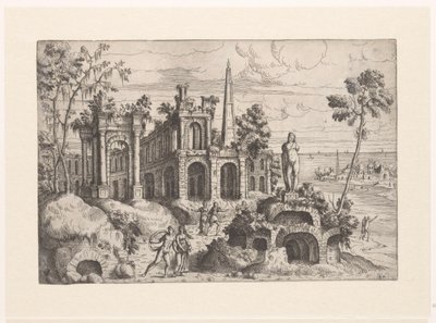Landschaft mit antiken Ruinen, Skulptur und Obelisk (Landschaften mit Ruinen) von Giovanni Battista Pittoni (I)