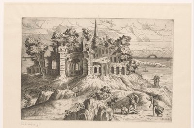 Landschaft mit Ruinen am Wasser und einer auf- oder untergehenden Sonne von Giovanni Battista Pittoni (I)