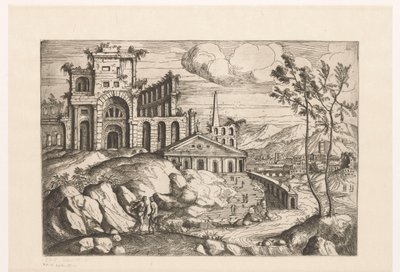 Landschaft mit Ruinen und Fantasiearchitektur an fließendem Wasser mit Wasserfall von Giovanni Battista Pittoni (I)