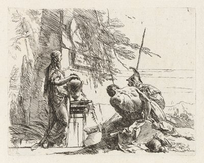 Eine Frau mit den Händen auf einer Vase, ein Soldat und ein Sklave, aus Vari capricci von Giovanni Battista Tiepolo