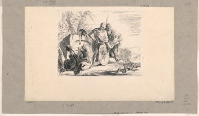 Sitzende Frau, junger Soldat und Magus, aus den Vari Capricci von Giovanni Battista Tiepolo