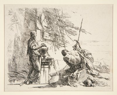 Stehende Frau und sitzender Mann vor einem Obelisken, aus der Serie Vari Capricci von Giovanni Battista Tiepolo