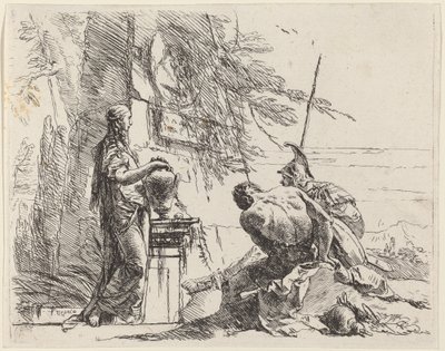Stehende Frau und sitzende Männer vor einem Obelisken von Giovanni Battista Tiepolo