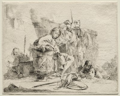 Verschiedene Kaprizen: Junger Mann sitzt und lehnt sich an eine Urne von Giovanni Battista Tiepolo