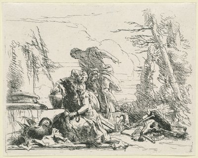 Frauen und Männer betrachten einen brennenden Scheiterhaufen aus Knochen von Giovanni Battista Tiepolo