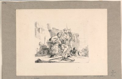 Junger Mann sitzt bei einer Urne und andere Figuren, aus den Vari Capricci von Giovanni Battista Tiepolo