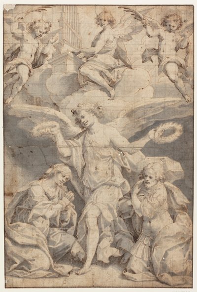 Ein Engel kränzt eine kniende Frau und einen knienden Soldaten, während zwei Engel in den Wolken mit Palmzweigen fliegen und ein dritter Orgel spielt von Giovanni Battista Trotti