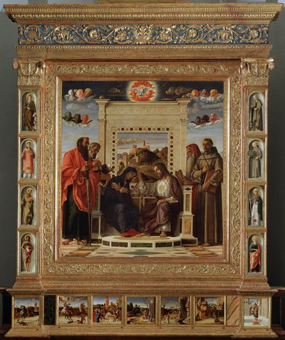 Altarbild Bellini: Zentralteil Krönung der Jungfrau zwischen St. Peter und St. Paul (links) und St. Hieronymus und St. Franziskus von Assisi (rechts). Ölmalerei von Giovanni Bellini. Ca. 1475 von Giovanni Bellini