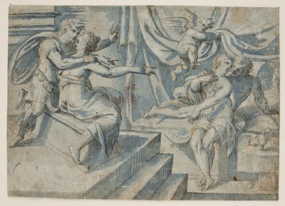 Ein Liebespaar auf einem Bett wird von einem Putto einem römischen Soldaten und seiner Frau enthüllt von Giovanni Bellini