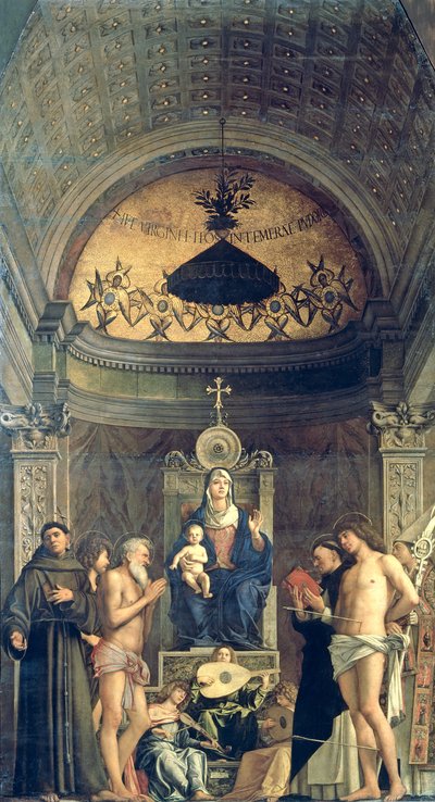 Madonna und Kind auf dem Thron zwischen den Heiligen Franziskus, Johannes dem Täufer, Hiob, Dominikus, Sebastian und Ludwig (das San Giobbe Altarbild) ca. 1487 von Giovanni Bellini