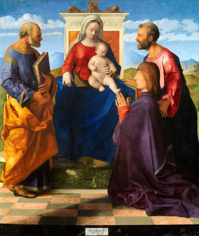 Madonna und Kind auf dem Thron mit Heiligen und Stifter von Giovanni Bellini