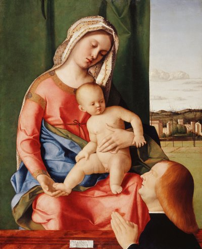 Die Madonna und das Kind mit einem männlichen Stifter, eine Landschaft im Hintergrund von Giovanni Bellini