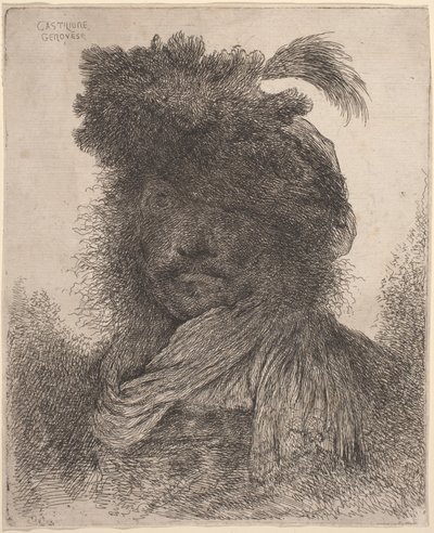 Bärtiger Mann mit schattiertem Gesicht, der einen Schal und einen Federhut trägt von Giovanni Benedetto Castiglione