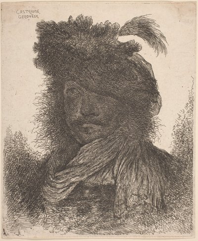 Bärtiger Mann mit schattiertem Gesicht, der einen Schal und einen Federhut trägt von Giovanni Benedetto Castiglione
