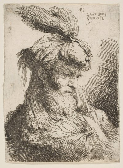 Kopf eines bärtigen Mannes mit Turban nach rechts, aus der Serie Kleine Köpfe..., ca. 1645-1650 von Giovanni Benedetto Castiglione