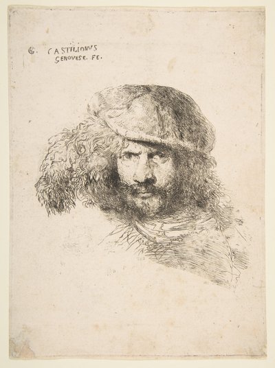 Kopf eines Mannes mit Federhut, möglicherweise Bernini, möglicherweise ein Selbstporträt..., ca. 1645-1650 von Giovanni Benedetto Castiglione