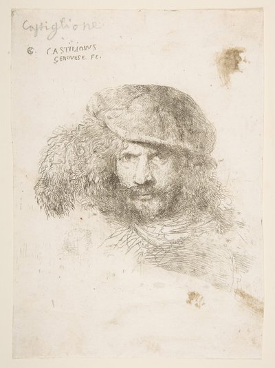 Kopf eines Mannes mit Federhut, möglicherweise Bernini, möglicherweise ein Selbstporträt, ca. 1645-1650 von Giovanni Benedetto Castiglione
