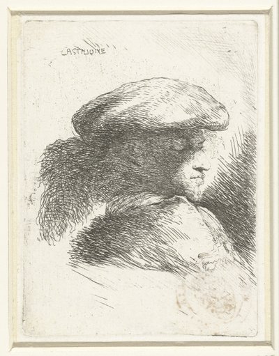 Kopf eines jungen Mannes mit einer Federkappe (Serie: Kleine studie van hoofden met oosterse hoofddeksels) von Giovanni Benedetto Castiglione