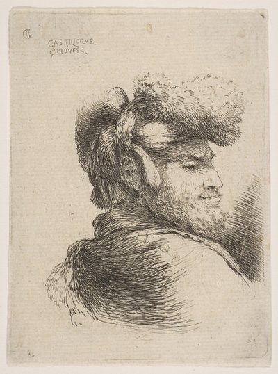 Mann im Profil nach rechts, mit Pelzmütze, aus der Serie der kleinen Köpfe im Orient von Giovanni Benedetto Castiglione