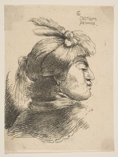 Mann mit kleinem Turban, verziert mit Federn und Band, nach rechts gewandt, aus..., ca. 1645-1650 von Giovanni Benedetto Castiglione