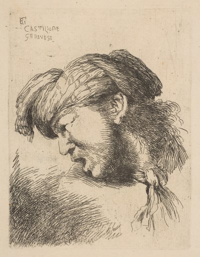 Mann mit Turban, ein um den Hals gebundener Knoten, nach links gewandt, aus der Serie..., ca. 1645-50 von Giovanni Benedetto Castiglione