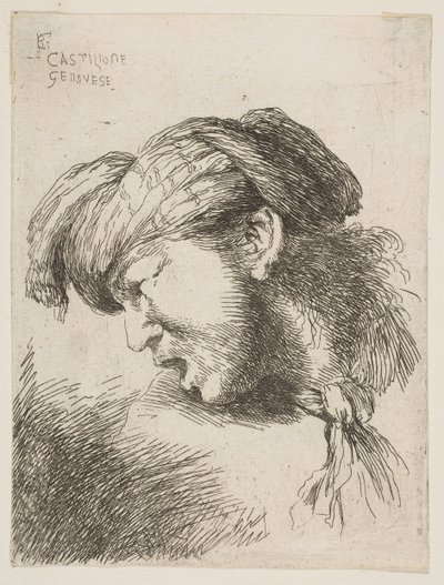 Mann mit Turban, eine Krawatte um den Hals gebunden, nach links gewandt, aus der Serie..., 1645-1650 von Giovanni Benedetto Castiglione