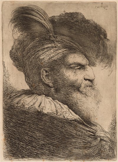 Mann mit langem Bart und Kopfbedeckung, nach rechts gewandt von Giovanni Benedetto Castiglione