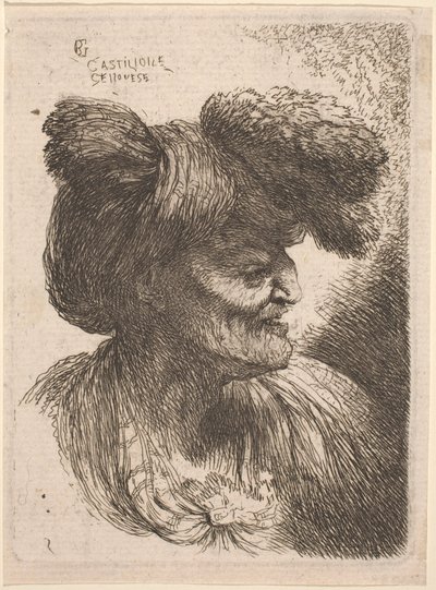 Alter Mann mit einem mit Pelz verzierten Turban, nach rechts gewandt von Giovanni Benedetto Castiglione