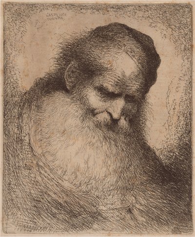 Alter Mann mit langem Bart und Schädeldecke, nach vorne gebeugt von Giovanni Benedetto Castiglione