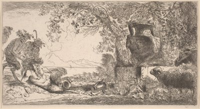 Pan liegend vor einer großen Vase von Giovanni Benedetto Castiglione