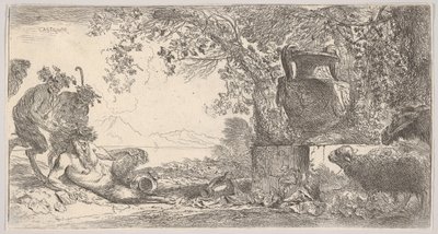 Pan ruht links mit zwei stehenden Satyrn, eine große Vase auf einem Sockel rechts, ca. 1645 von Giovanni Benedetto Castiglione