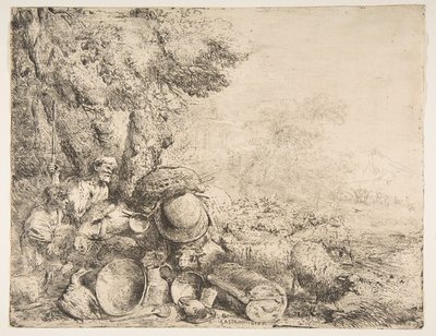 Zwei Hirten, ein Esel und andere Tiere in einer Landschaft von Giovanni Benedetto Castiglione