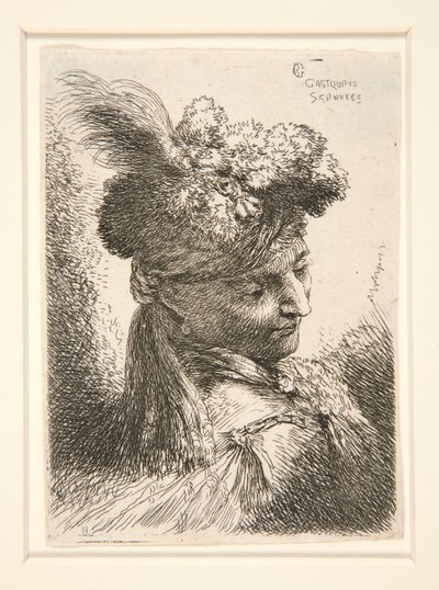 Junger Mann ohne Bart, in 3/4 Ansicht, nach rechts gedreht, nach unten blickend, aus der Serie Les petites têtes von Giovanni Benedetto Castiglione