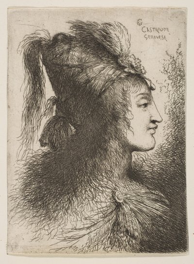 Junger Mann mit Federhut, nach rechts blickend, aus der Serie Kleine Köpfe von Giovanni Benedetto Castiglione