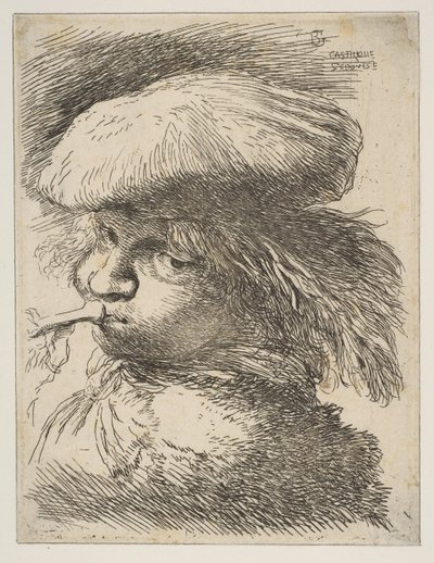 Junger Mann mit Trompete nach links gewandt aus der Serie Kleine Köpfe in orientalischer Tracht von Giovanni Benedetto Castiglione
