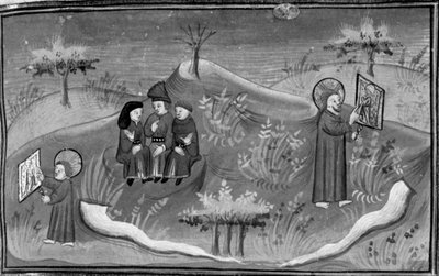 Dekameron, Michele Scalza diskutiert mit seinen Freunden; Gott als Kind lernt zu zeichnen; Gott als Erwachsener zeigt ein vollendetes Werk. Sechster Tag, Novelle 6 von Giovanni Boccaccio