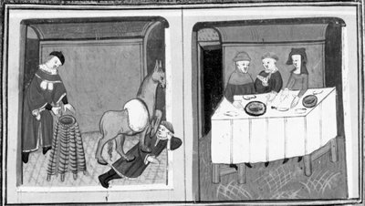 Dekameron, Pierre de Vinciolo entdeckt den Liebhaber im Stall; Pierre de Vinciolo sitzt mit seiner Frau und ihrem Liebhaber am Tisch. Fünfter Tag, Novelle 10. von Giovanni Boccaccio