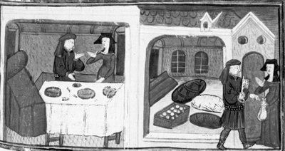 Dekameron, Salabaetto sitzt mit Iancofiore am Tisch; Salabaetto lässt sich den Schlüssel zum Lagerhaus bringen. Achter Tag, Novelle 10 von Giovanni Boccaccio