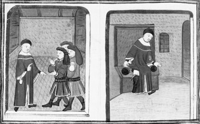 Dekameron, Simone da Villa spricht mit Bruno und Buffalmacco; der Meister fällt in eine Latrine. Achter Tag, Novelle 9 von Giovanni Boccaccio