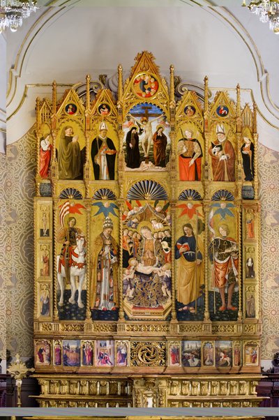Polyptychon mit Madonna und Kind auf dem Thron zwischen Heiligem Eustachius, Heiligem Petrus, Heiligem Jakobus dem Älteren, Heiligem Venantius, Beato Guardato, Heiligem Nikolaus von Bari, Kreuzigung Christi, Heiligem Sebastian und Heiligem Eleutherius, Ges von Giovanni Boccati or Boccatto