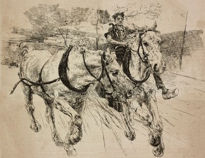 Verstärkung der Kutschpferde, Gravur nach einer Originalzeichnung von Giovanni Boldini, aus seinem Gemälde, aus L