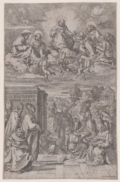 Geistliche in einer Landschaft beim Schreiben, andere im himmlischen Reich darüber, ca. 1650 von Giovanni Cesare Testa