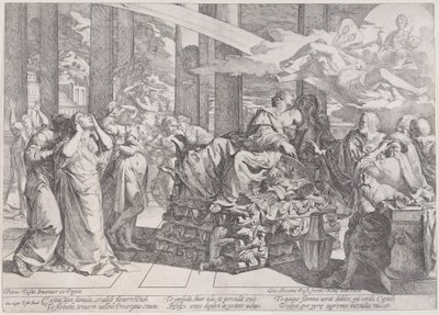 Der Selbstmord von Dido, die auf einem Scheiterhaufen liegt, umgeben von vielen Figuren von Giovanni Cesare Testa