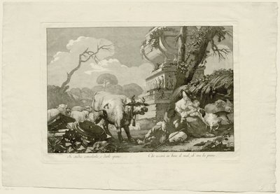 Hirtenfamilie mit Vieh bei antikem Grabmal von Giovanni David
