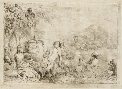 Landschaft mit einer Satyrfamilie und klassischer Skulptur von Giovanni David after Giovanni Benedetto Castiglione