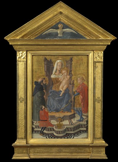 Jungfrau und Kind auf dem Thron, mit den Heiligen Antonius Abt und Julian und einem Stifter (Giebel oben - Heiliger Geist), ca. 1430 von Giovanni Di Ser Giovanni Lo Sheggia (attr. to) Guidi