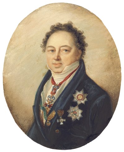 Graf Dmitry Pavlovich Tatishchev, nach links gewandt in blauem Mantel, weißer Weste und Krawatte von Giovanni Domenico Bossi