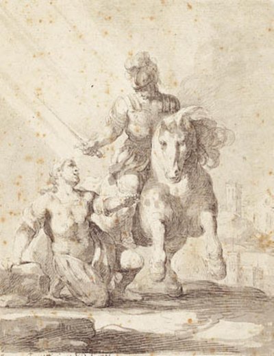 Soldat in antiker Kleidung, der ein Schwert über einen knienden Soldaten schwingt von Giovanni Domenico Ferretti